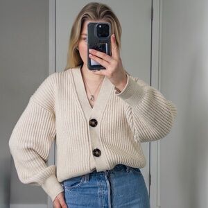 Cream Ribbed Button-Up Sweater